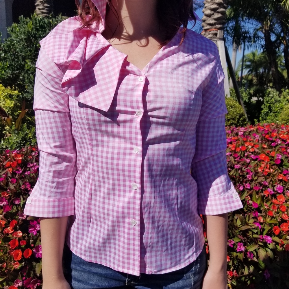 Pink White Gingham Side Ruffle Collar Top